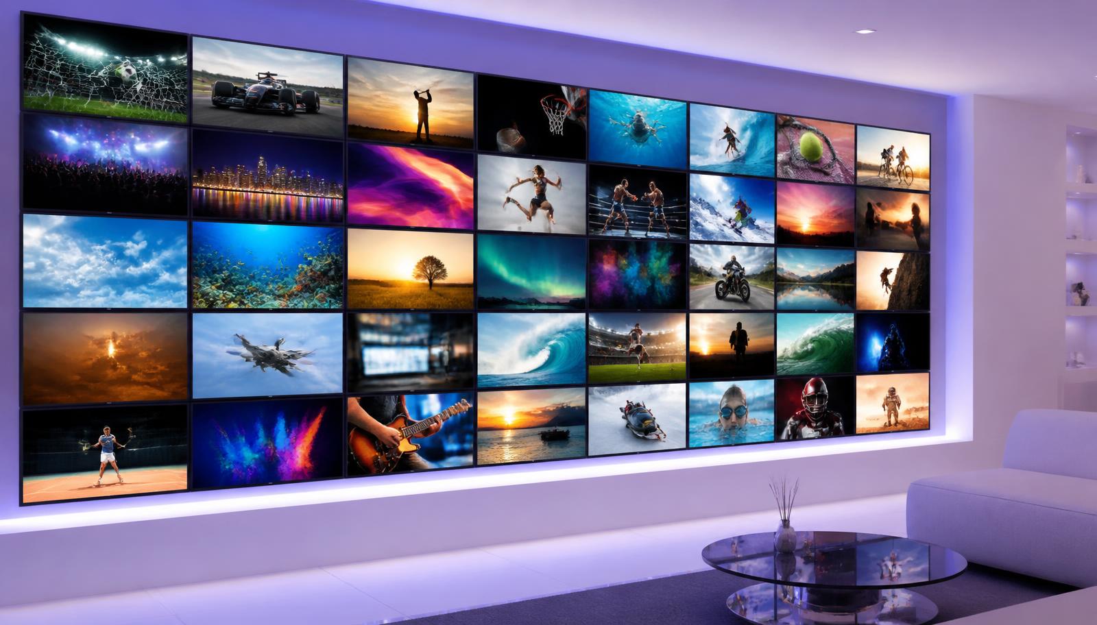 Wall of televisions showing live sport, news and entertainment channels