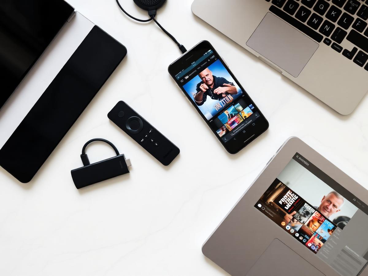 Firestick, phone, tablet and laptop running IPTV apps