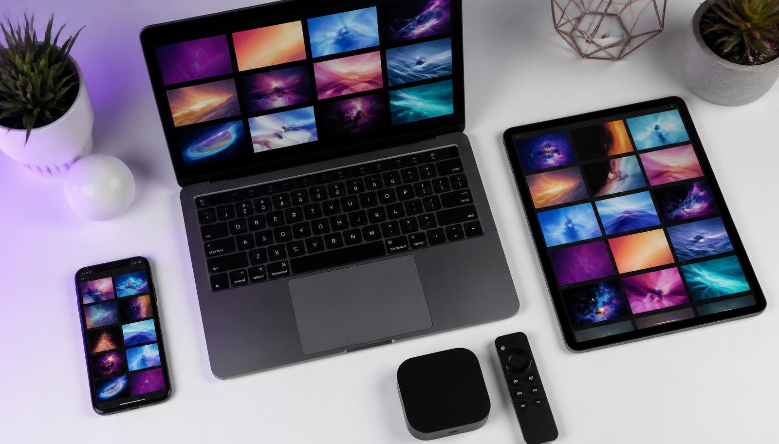 Laptop, phone, tablet and streaming box ready for IPTV player apps
