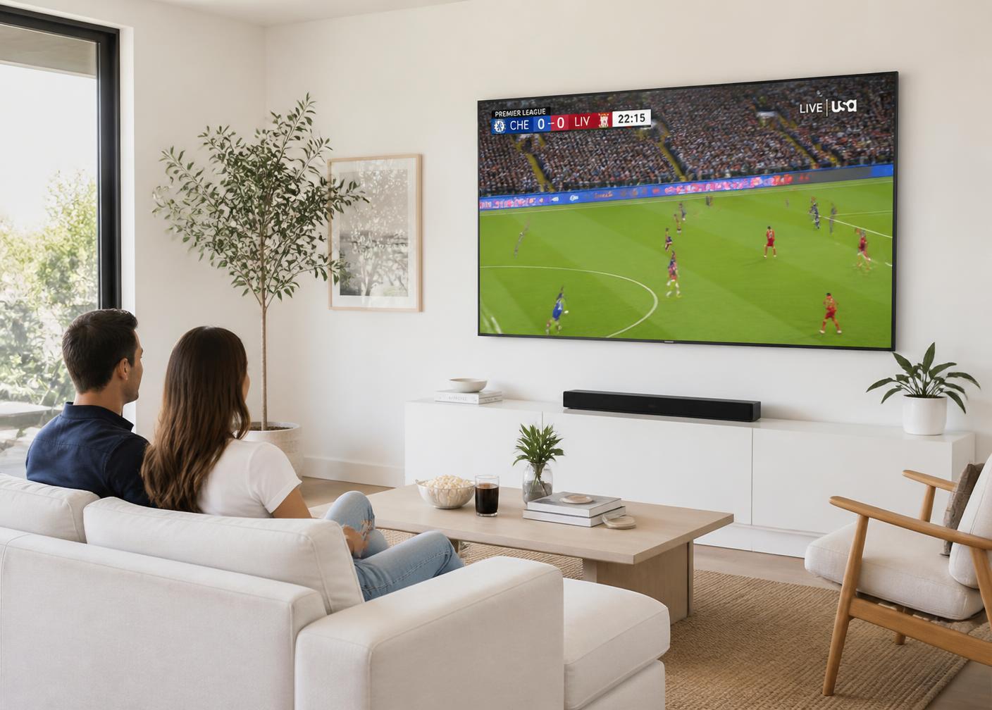 Family watching live sport on a smart TV with Vertex IPTV