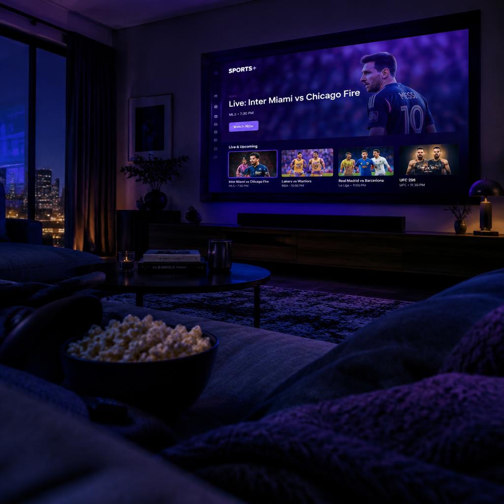 Living room with Vertex IPTV sports streaming on TV