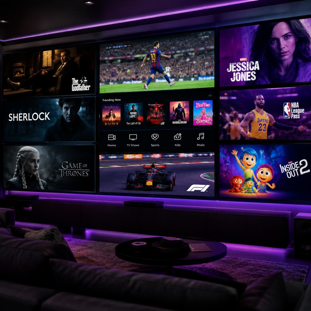 Wall of screens with movies, sports and series