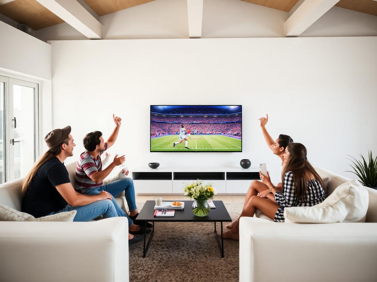 Friends celebrating a goal while watching live football